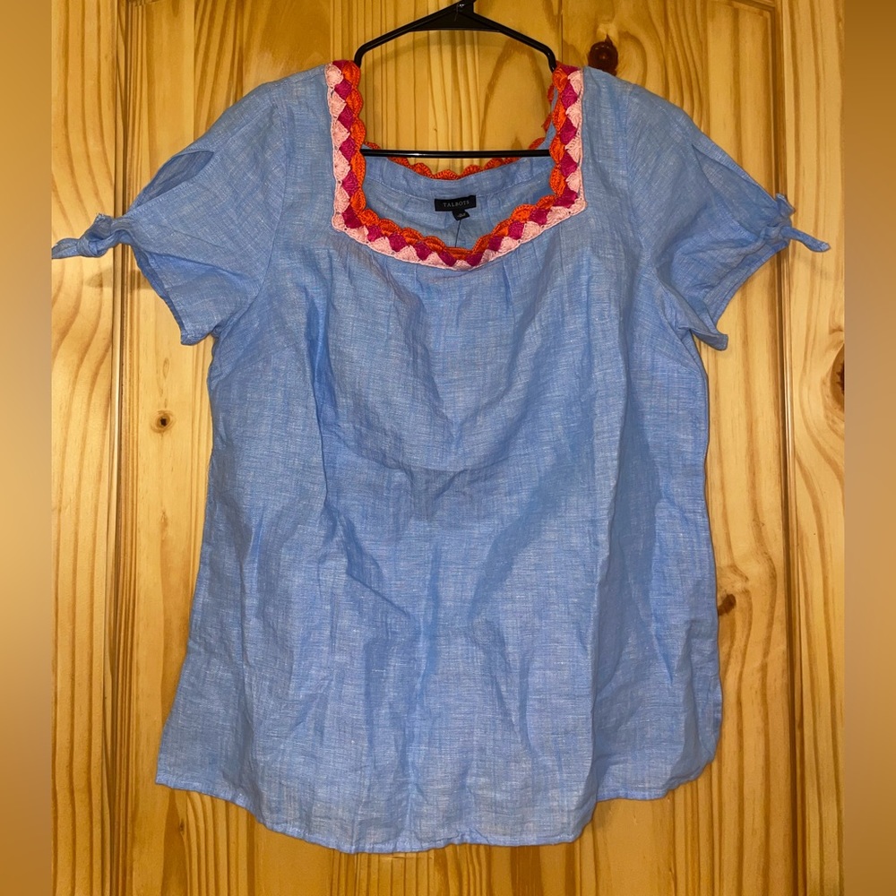 NWT Talbots Blue CROCHET TRIM LINEN TOP - CROSS DYED
